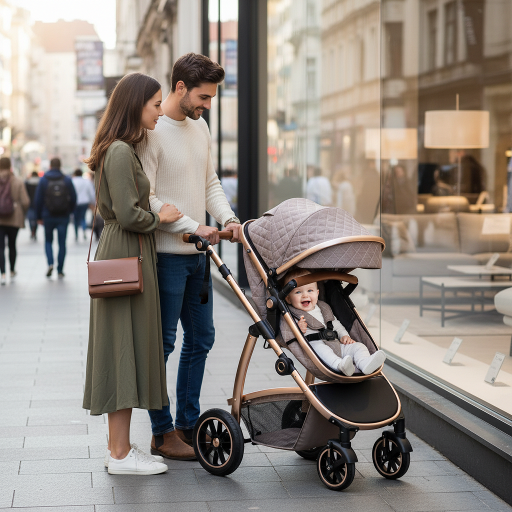 Papa et maman font les magasin et bébé bien installé dans sa poussette 3 en 1