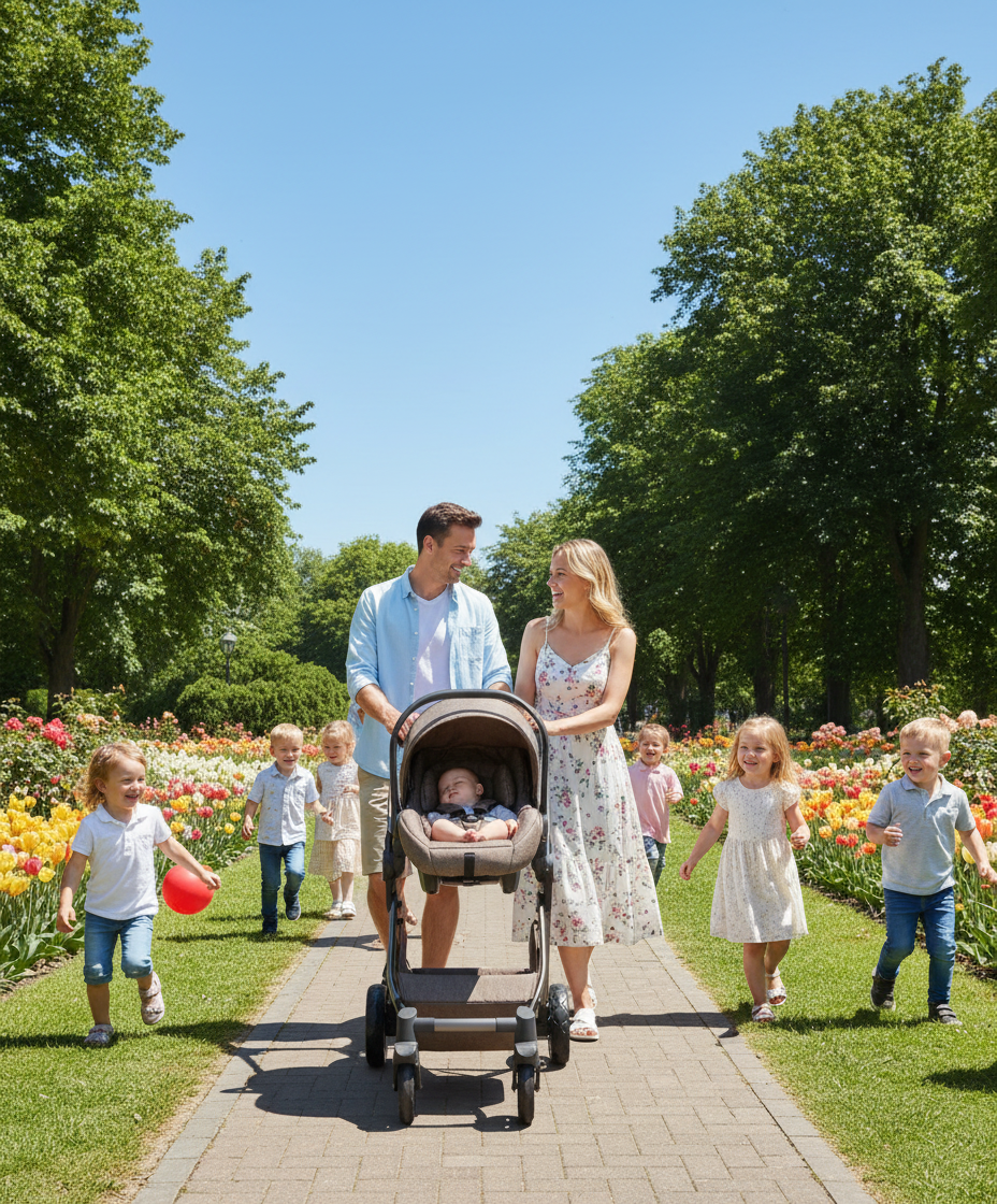 maman et papa au parc et bébé endormi dans sa poussette bébé 3 en 1