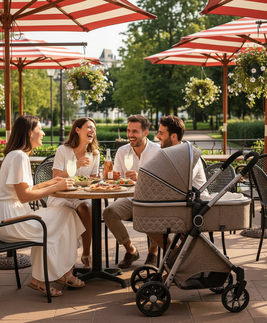 maman et papa au restaurent et bébé endormi dans sa poussette bébé 3 en 1 