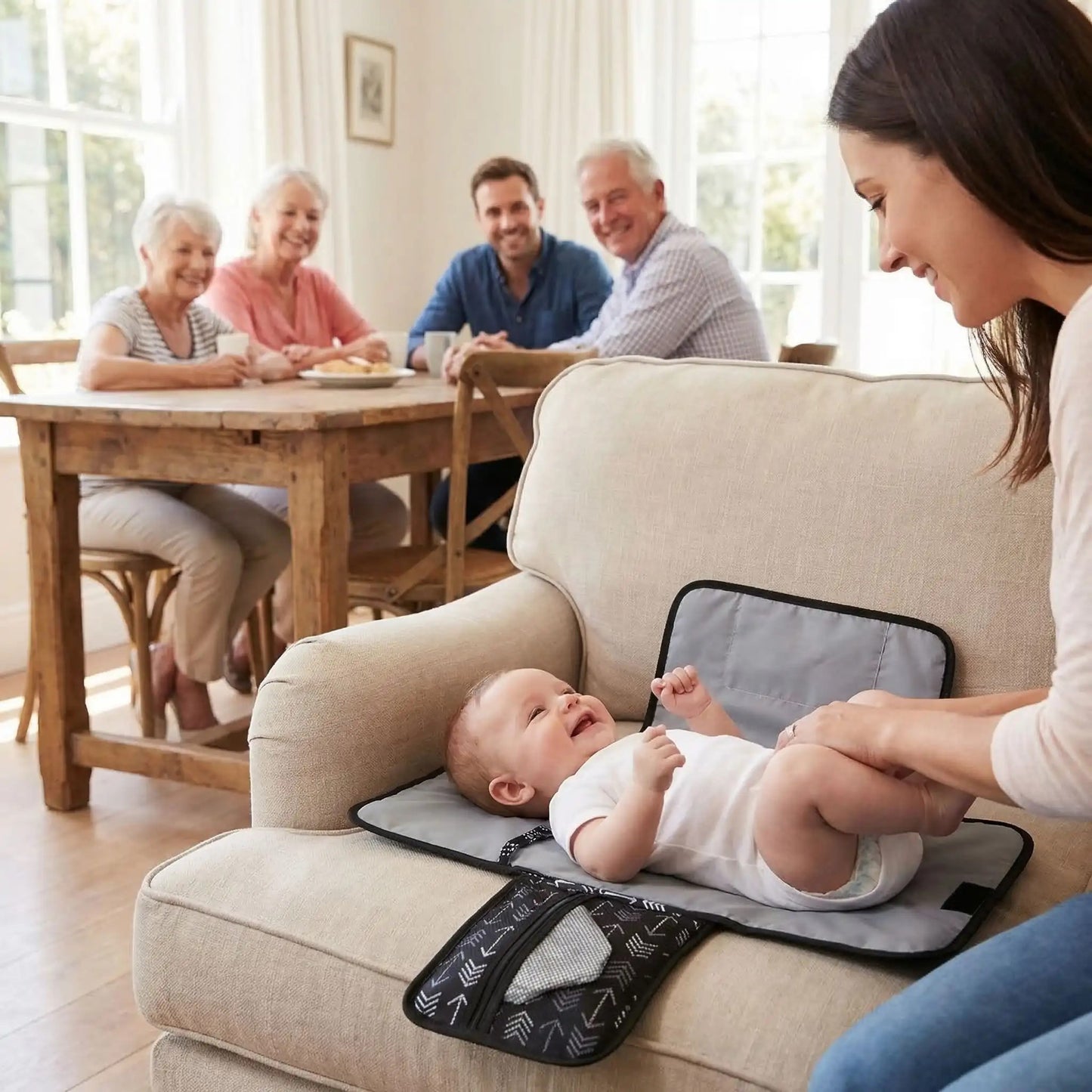 maman change bébé sur le fauteuil des grands parents sur son tapis pour changer bebe