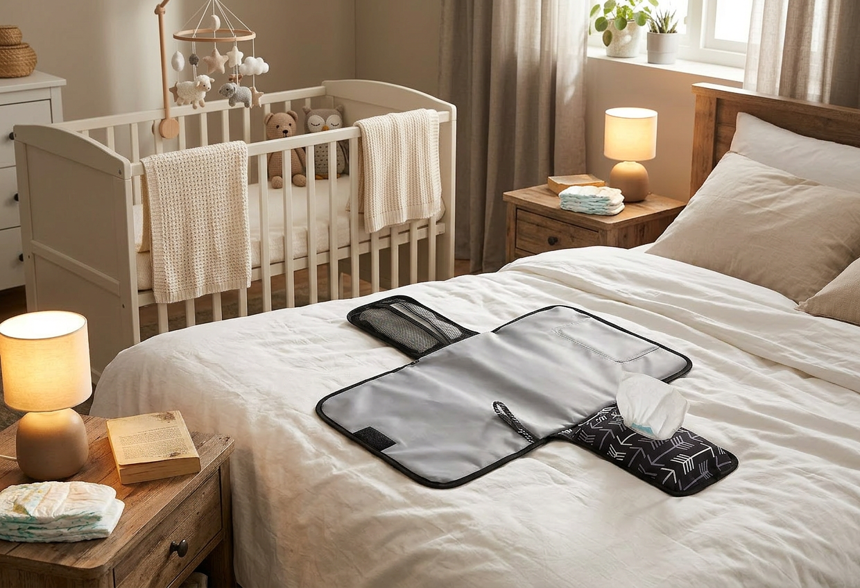 tapis pour changer bebe posé sur le lit