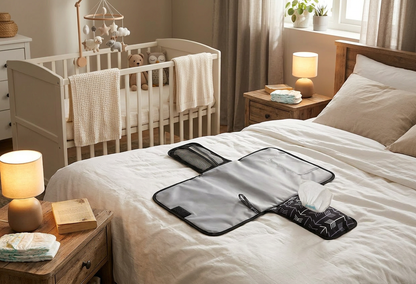 tapis pour changer bebe posé sur le lit