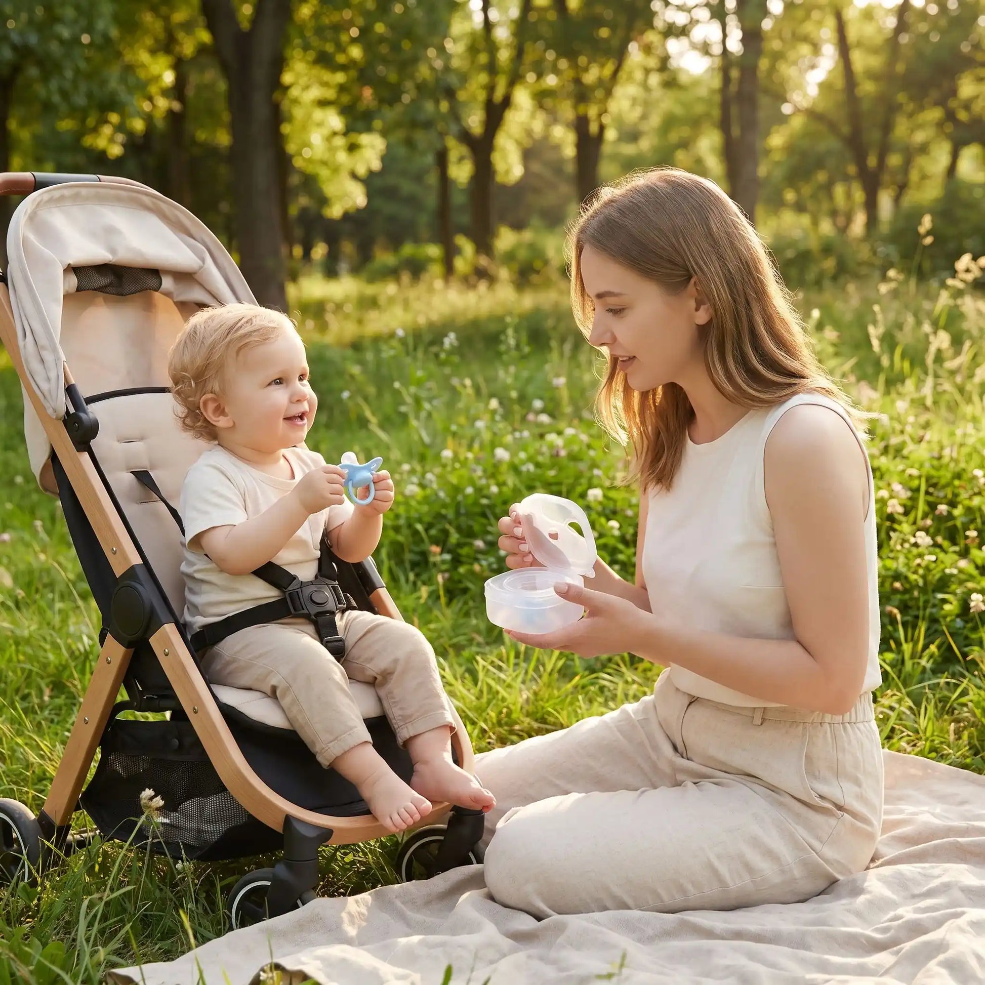 bébé et maman au parc et la boite a tetine pour protéger la tétine de bébé