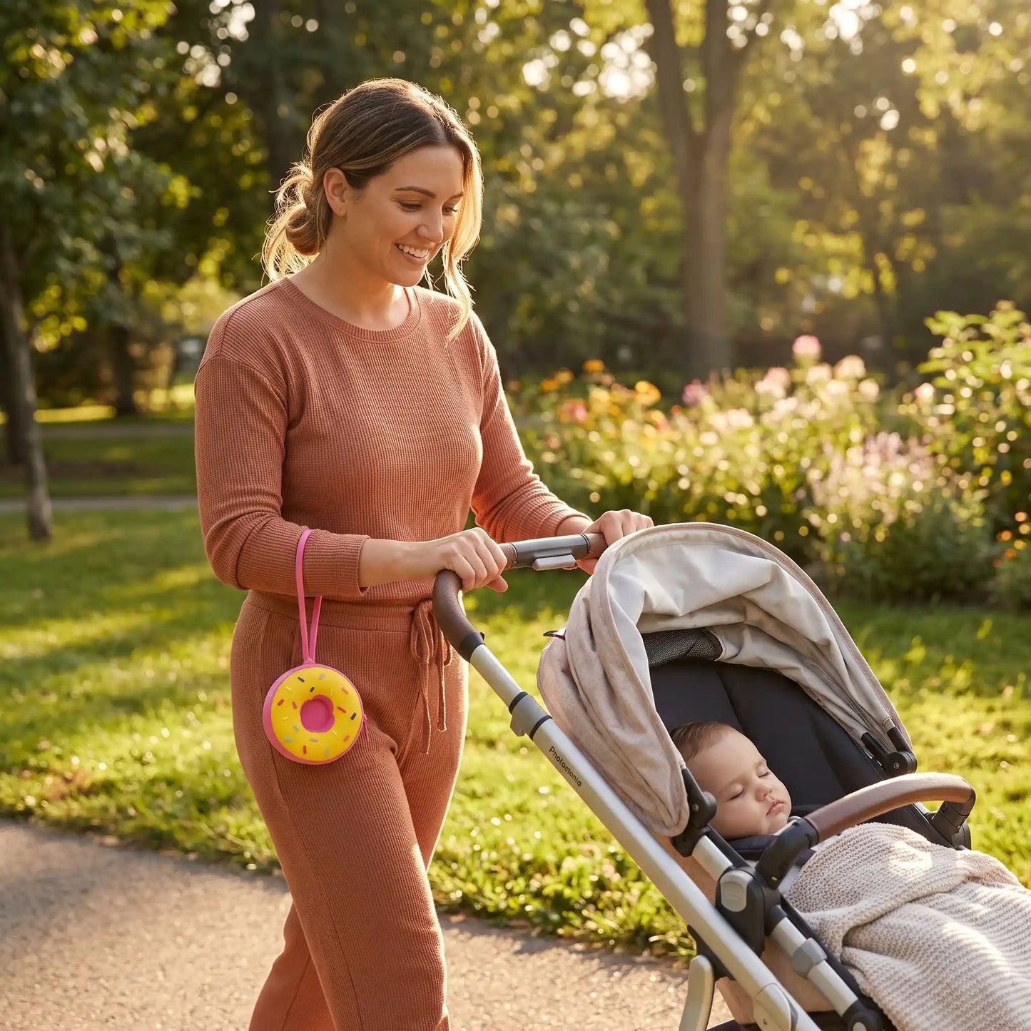 maman se promène au parc avec bébé et la boite a tetine - donuts attachée à son poignet