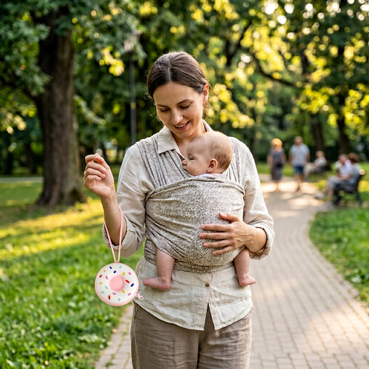 boite à tétine rose en forme de donuts, bébé dans les bras de maman