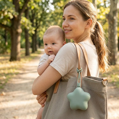 maman accroche la tétine à la Boite a tetine 