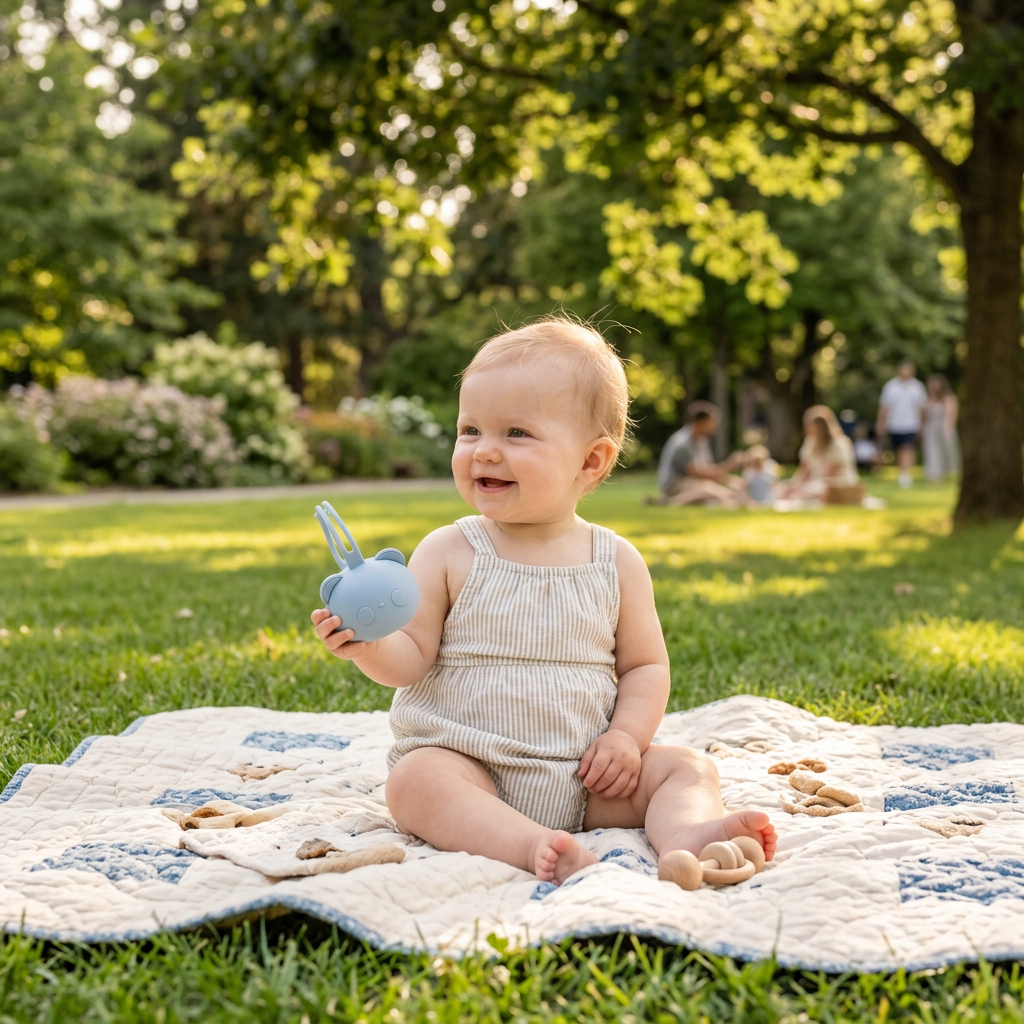 bébé tient à la main la boite à tétine en forme d'ours 