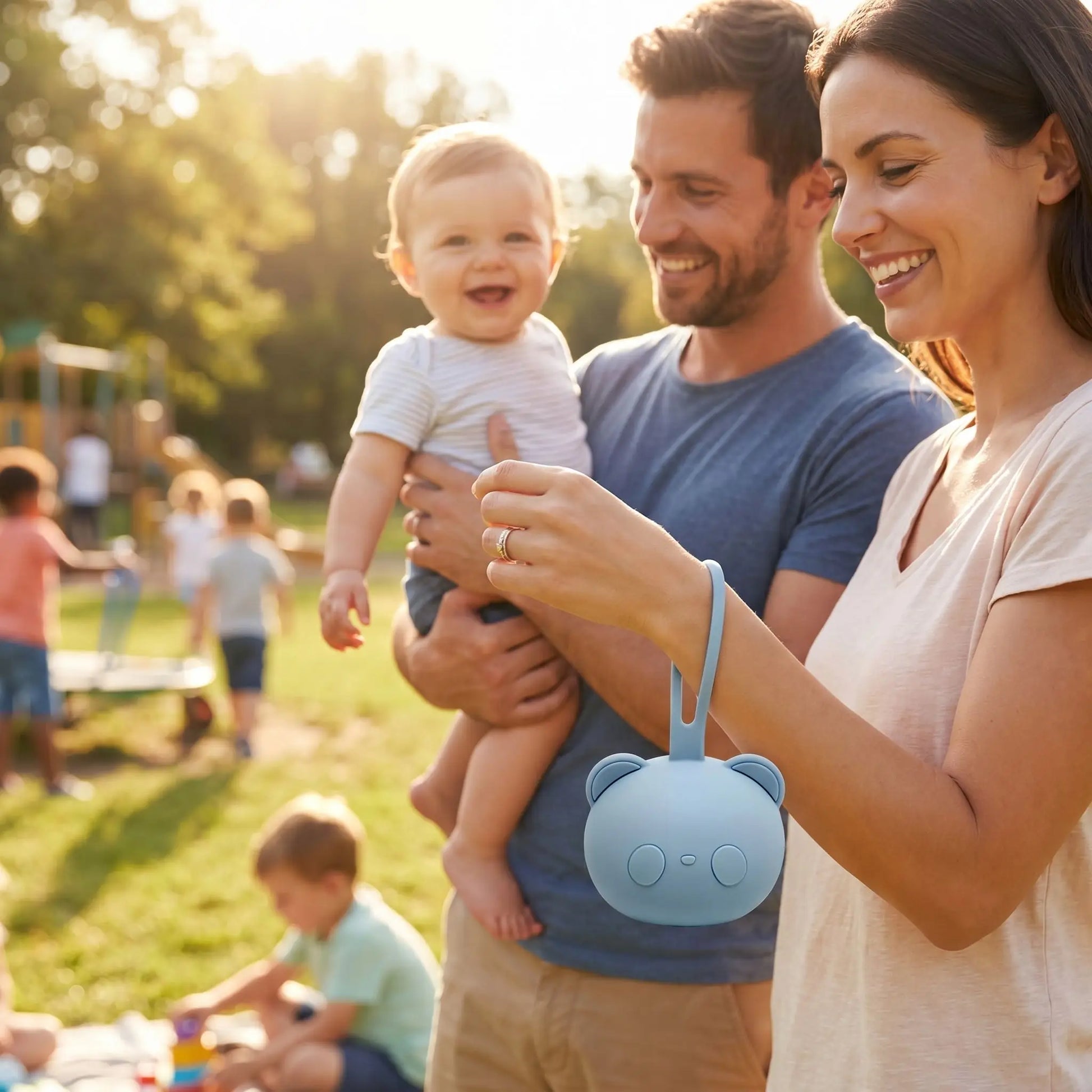 boite à tétine en forme d'ours attché au poignée de maman