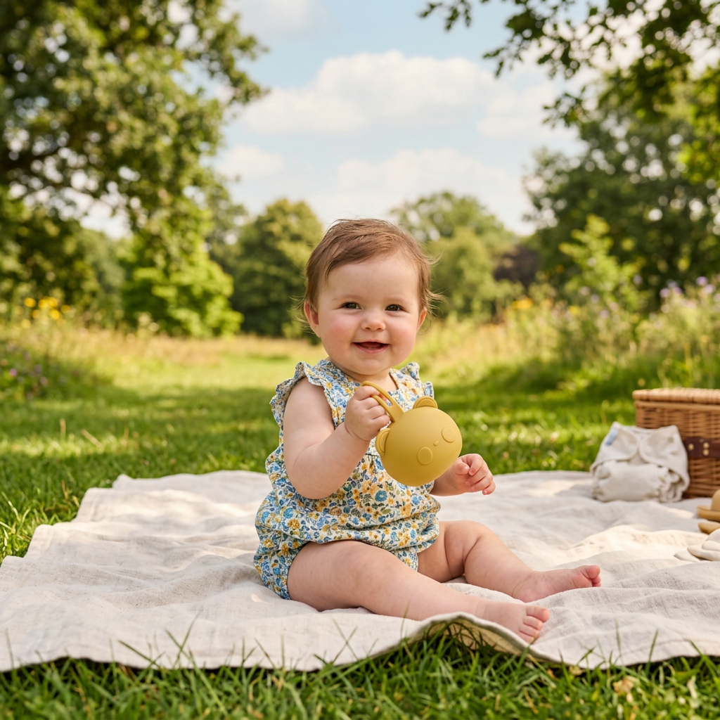 bébé tient la boite à tétine en forme d'ours 