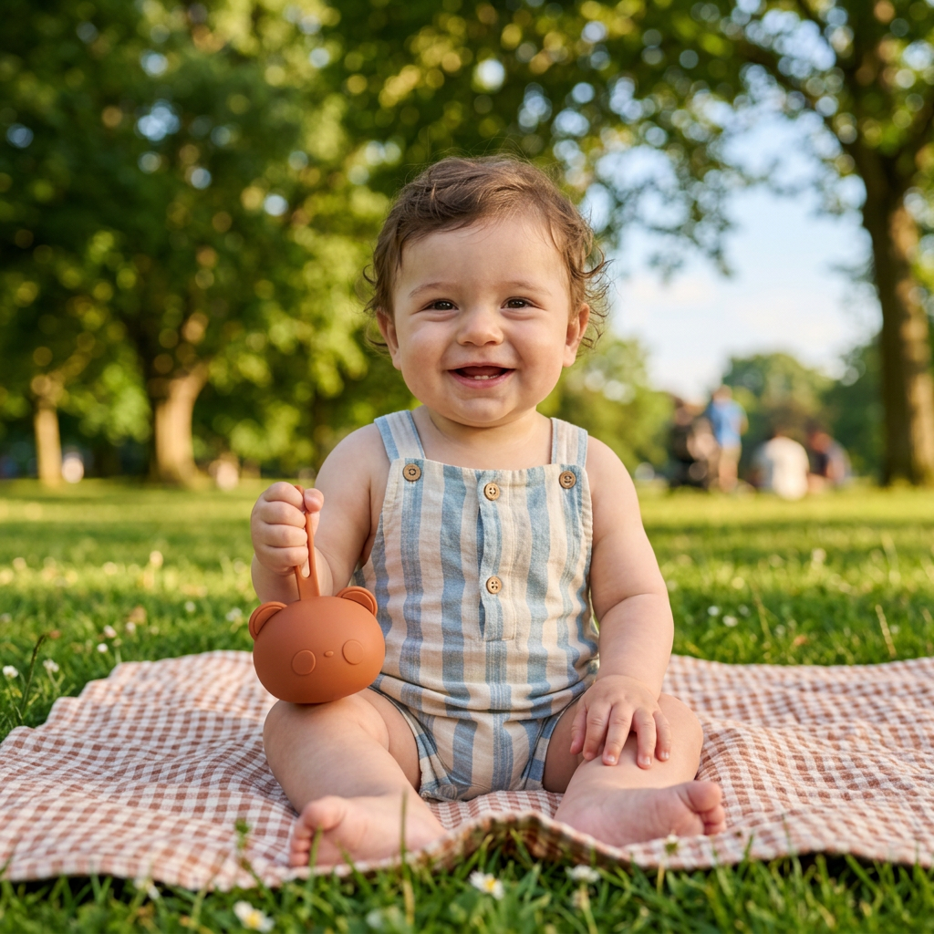 bébé tient à la main la boite à tétine en forme d'ours