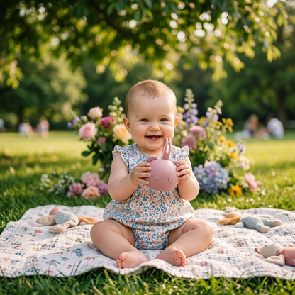 bébé tient à la main la boite à tétine en forme d'ours