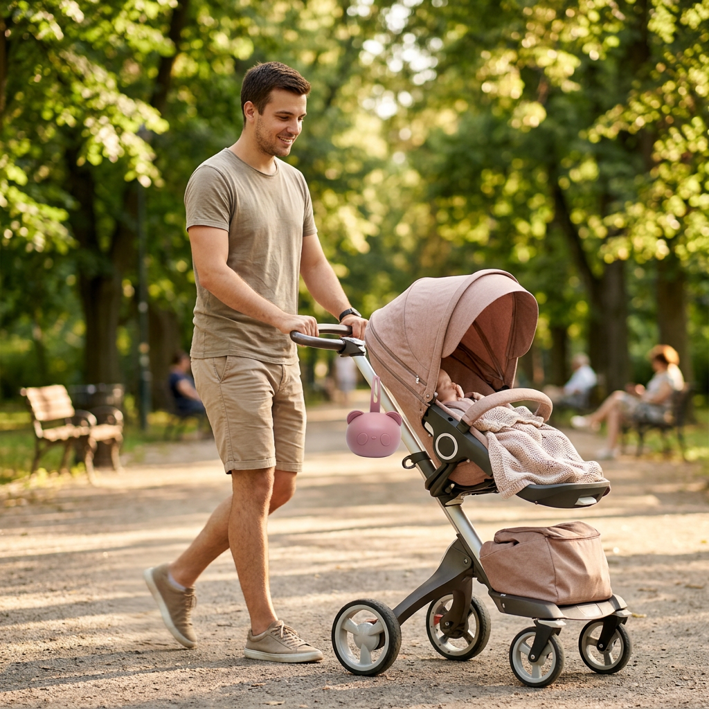 boite à tétine en forme d'ours attché à la poussette