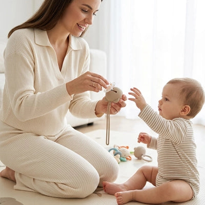 maman tient à la main la boite a tetine et s'ammuse avec bébé