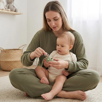 maman tient à la main la boite a tetine et joue avec bébé