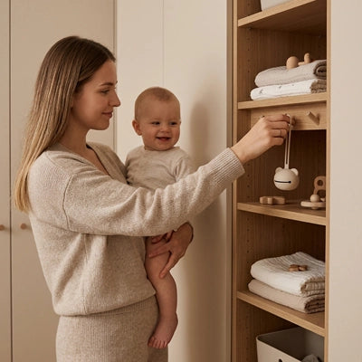 maman tient à la main la boite a tetine et bébé