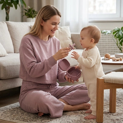 maman donne à bébé sa tétine bien protégée dans sa boite pour tetine