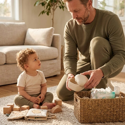 papa range la tétine de bébé dans sa boite pour tetine