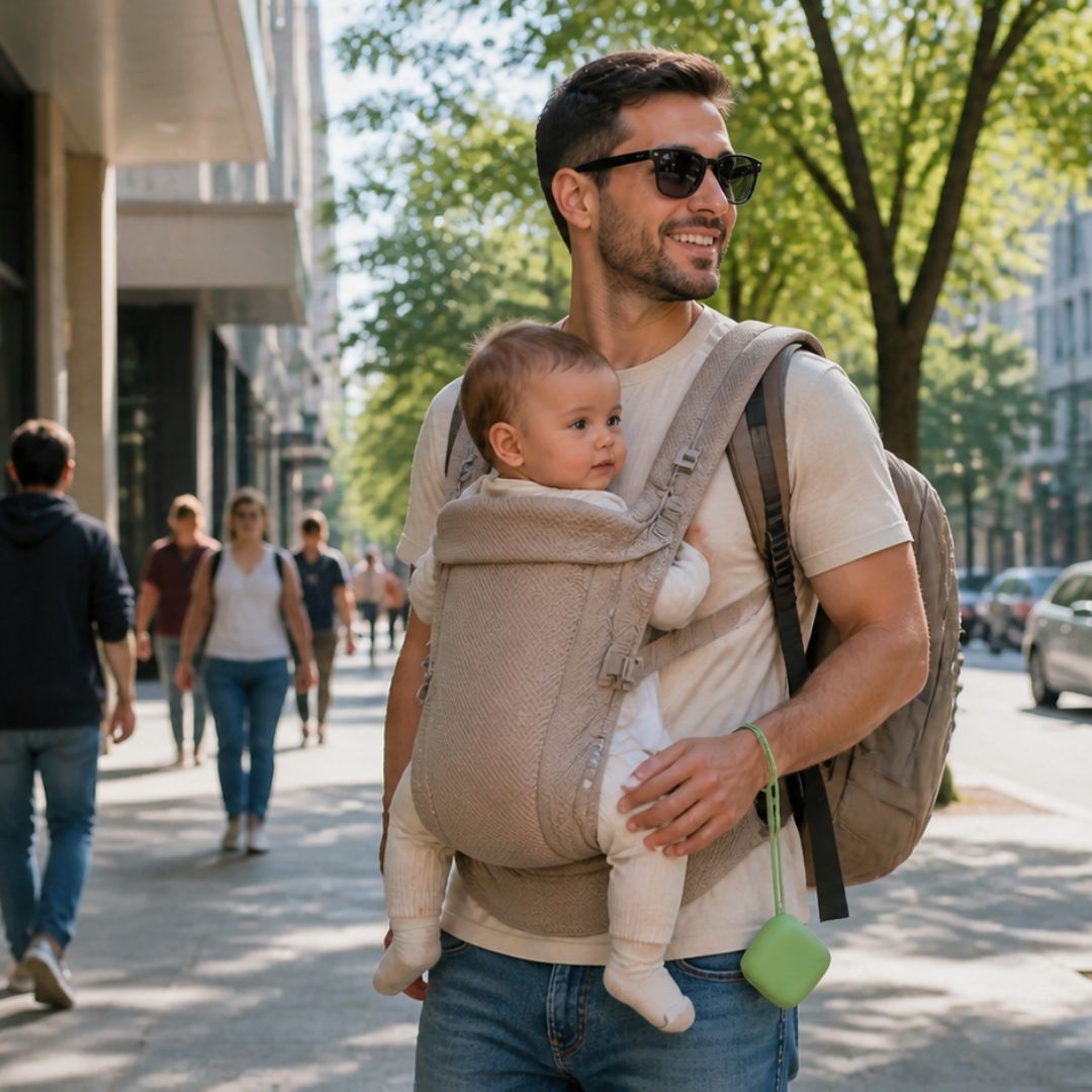 boite pour tetine attachée à la poignet de papa qui porte bébé