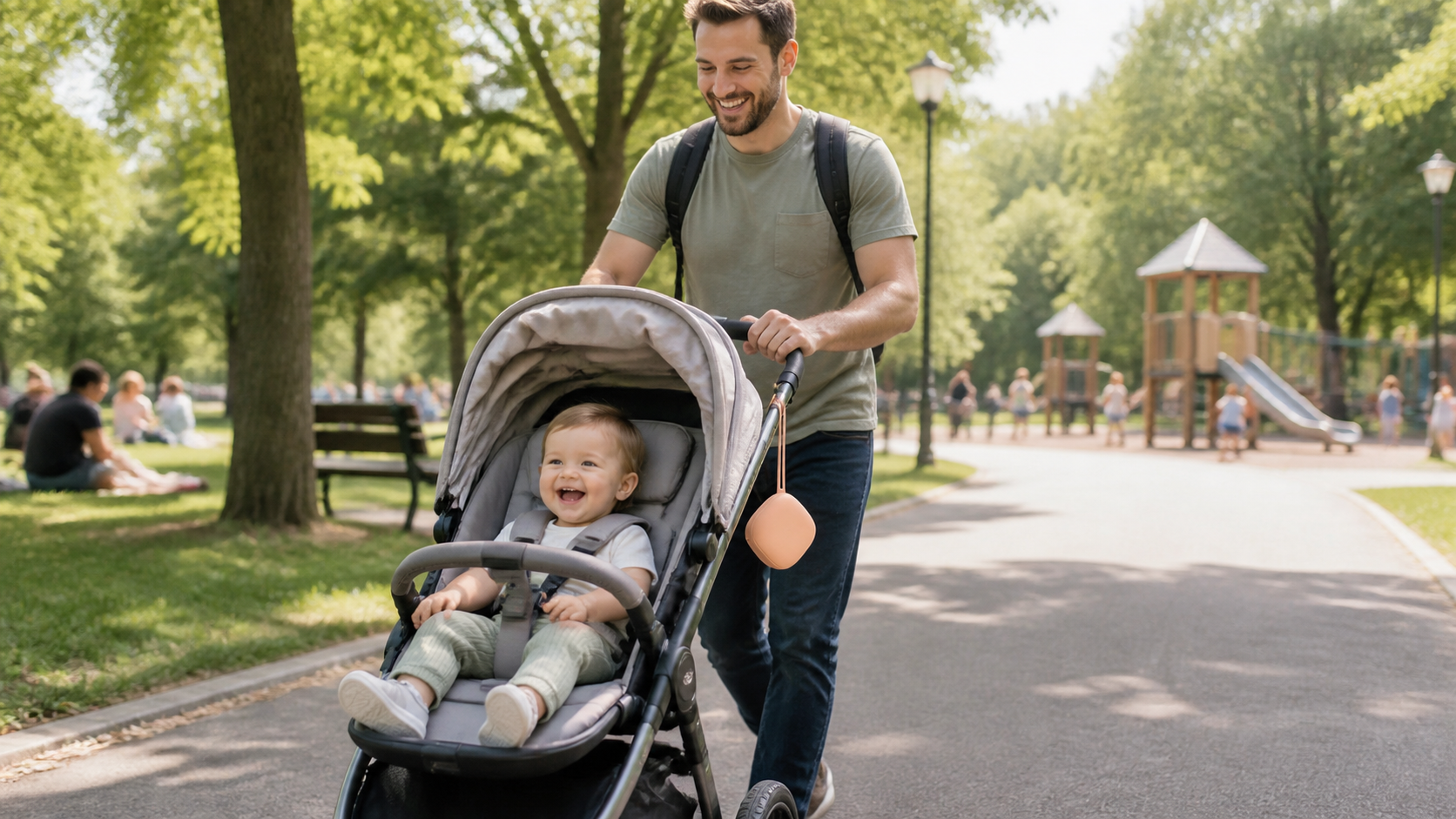 boite pour tetine attachée à la poussette avec papa