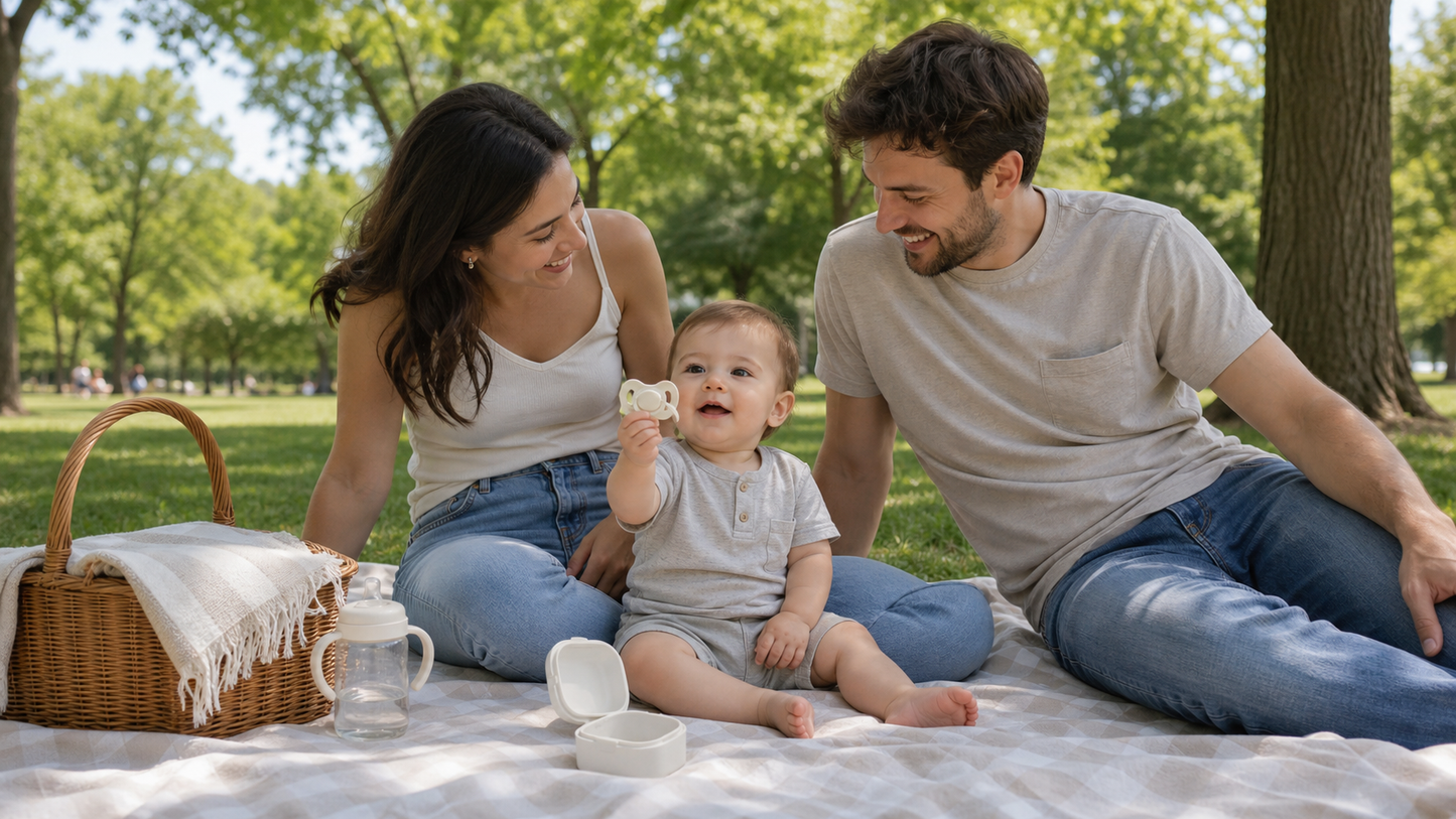 bébé et ses parents au parc, boite pour tetine posée à coté