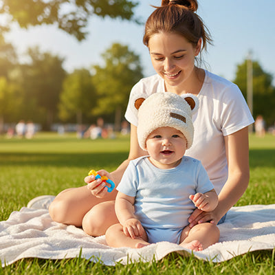 bébé au parc porte son bonnet bebe