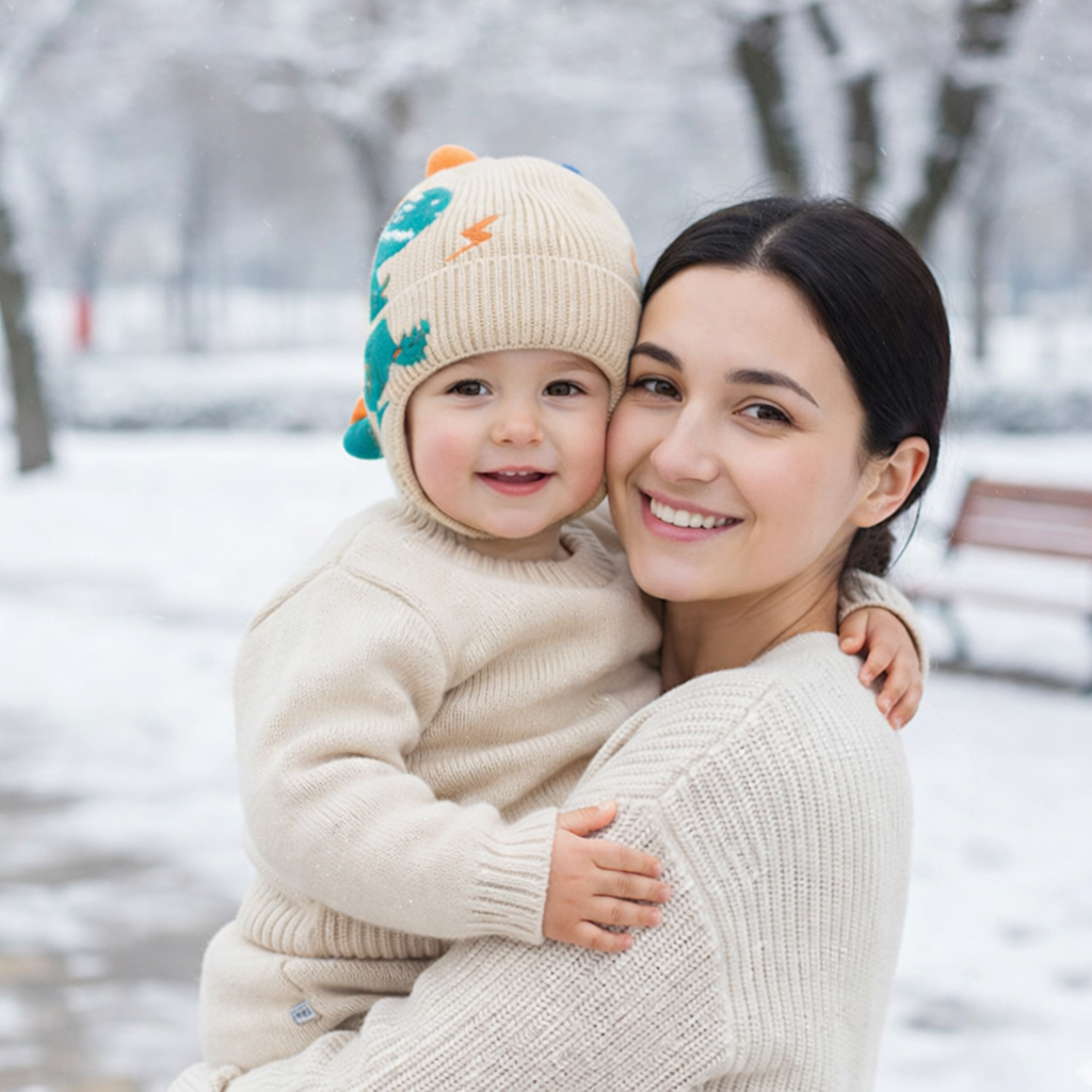 bébé porte son bonnet bebe avec maman