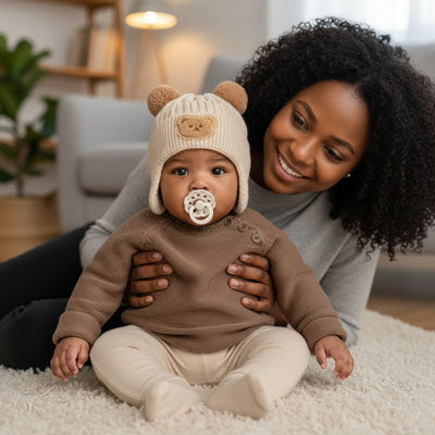 bébé assis à coté de maman avec son joli bonnet bebe 