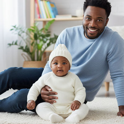 bébé assis avec papa en portant son bonnet bebe