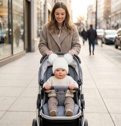 bébé dans sa poussette avec maman et porte son bonnet bebe doux
