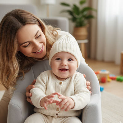 bébé s'ammuse avec maman en portant son bonnet bebe