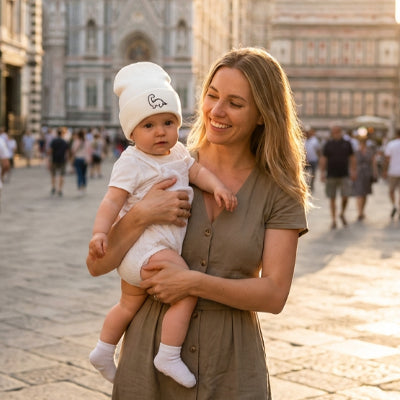 bébé dans les bras de maman avec son bonnet bebe chaud blanc