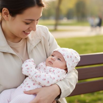 bébé dans les bras de maman portant son bonnet bébé fille