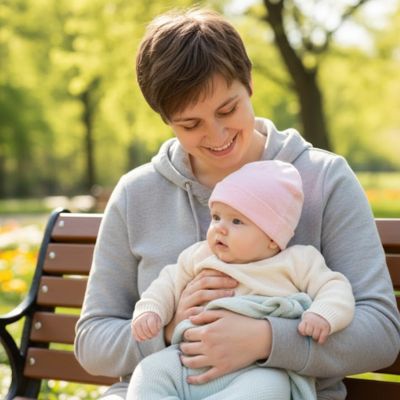 maman au parc avec bébé qui porte son bonnet bébé fille