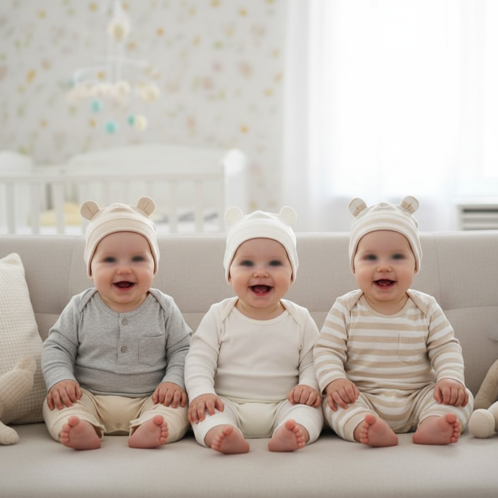 des triplés portent chancun un bonnet bébé naissance