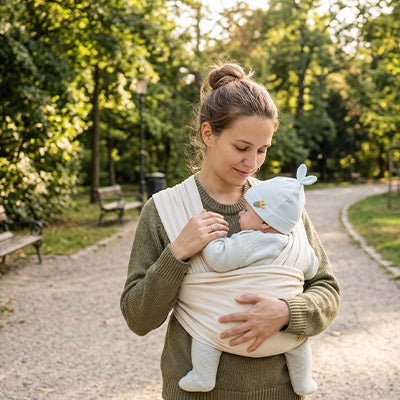 maman porte bébé qui porte son bonnet bébé naissance bleu