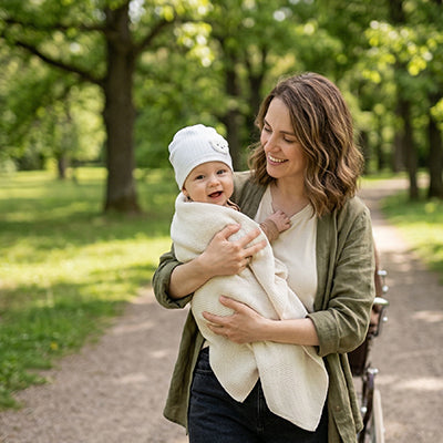 maman porte bébé au parc avec son bonnet bébé naissance chaud bleu
