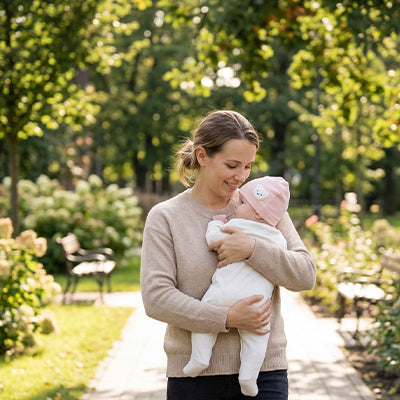 maman porte bébé au parc avec son bonnet bébé naissance chaud rose doux