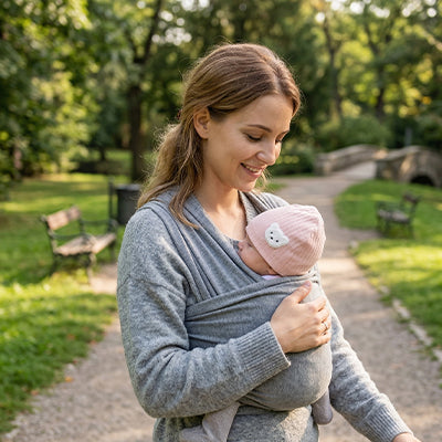 maman porte bébé avec son bonnet bébé naissance chaud rose