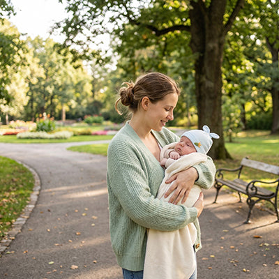 maman au parc avec bébé qui porte son bonnet bébé naissance doux