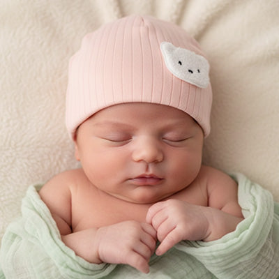 bébé endormi avec son bonnet bebe naissance rose