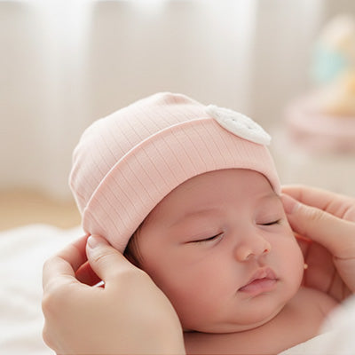 bébé endormi avec son bonnet bebe naissance rose