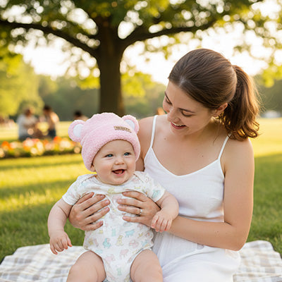 bébé au parc avec maman porte son bonnet bebe