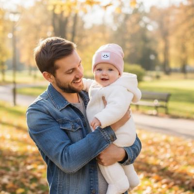 papa porte bébé qui porte son joli bonnet bebe rose