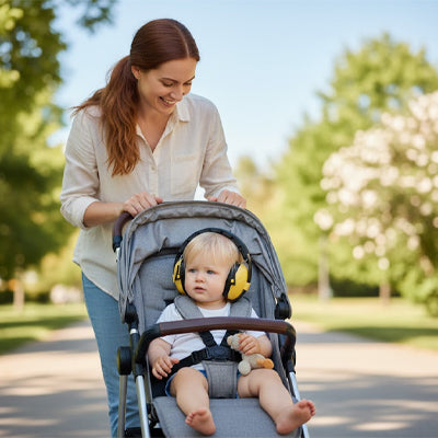 casque anti bruit bébé garçon en promenade tranquille en poussette