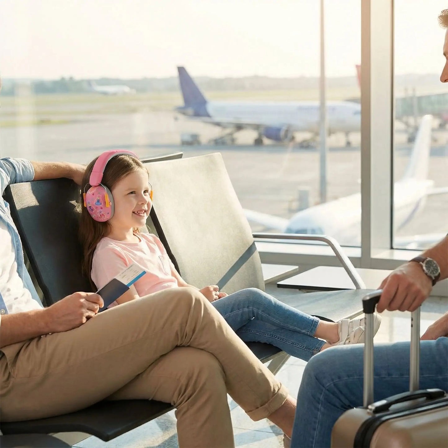 la fille assise tranquille à l'aéroport grâce à son casque anti-bruit enfant