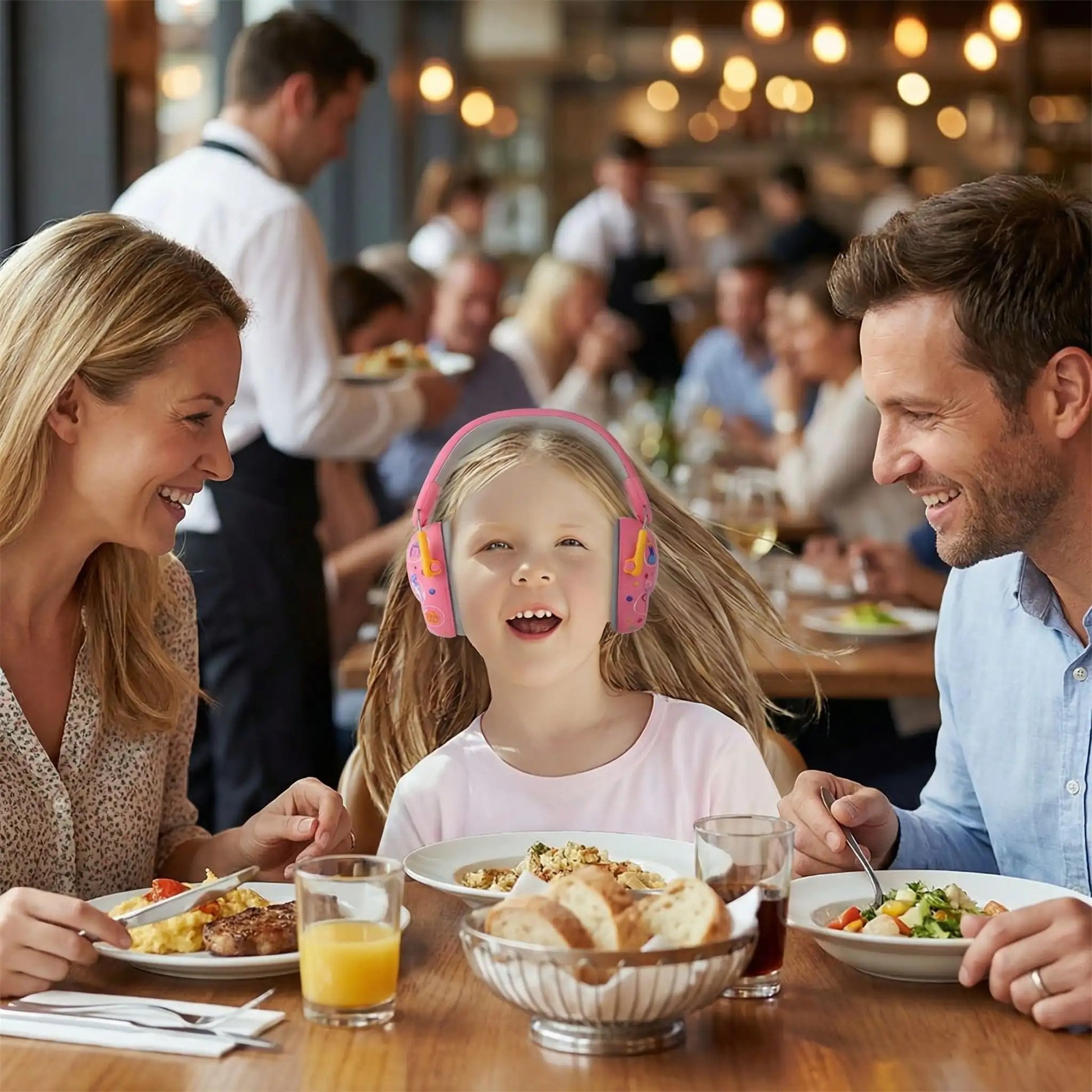 la famille au restaurant et leur fille tranquille grâce à son casque anti-bruit enfant