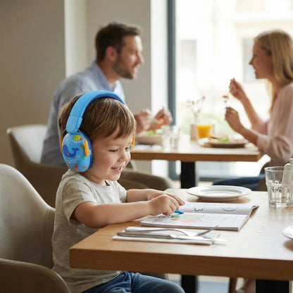 Casque anti-bruit enfant dessine tranquillement au restaurent malgré le bruit