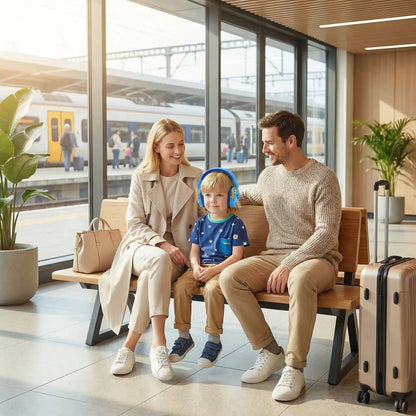 Casque anti-bruit enfant assis tranquillement à la gare malgré le bruit