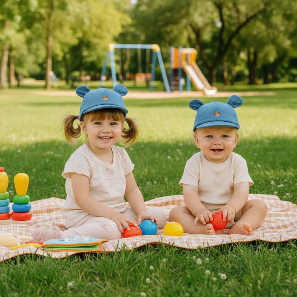 frèer et soeur jouent au parc avec leur casquette bebe bleu