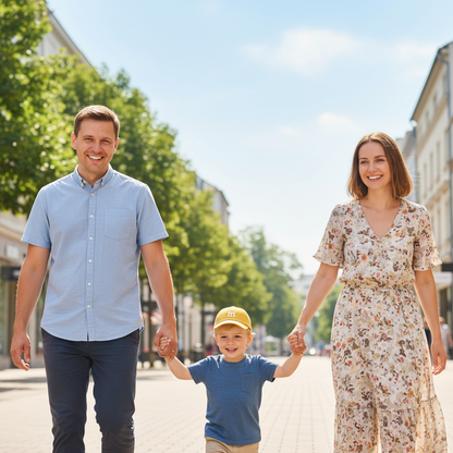 sortie en famille et petit garçon porte sa casquette bebe jaune